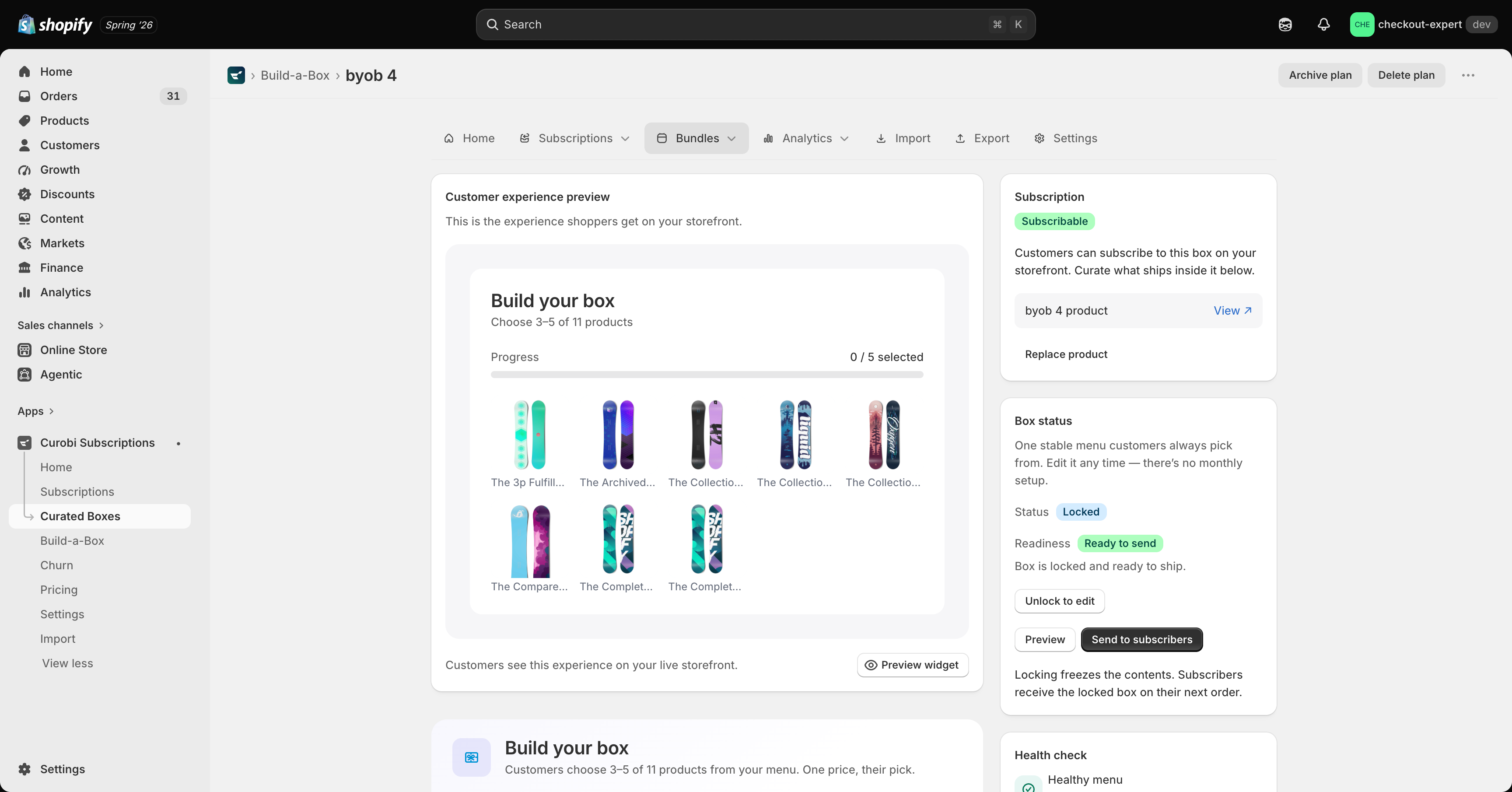 The build-your-own box editor in Curobi — customer experience preview, subscription link, and box lock/send status