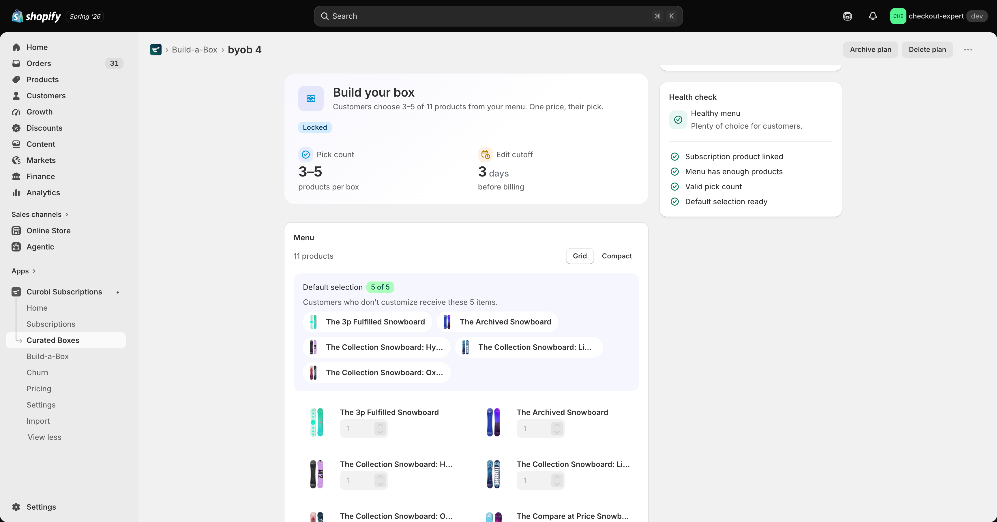 Setting the pick count, billing cutoff, default selection, and eligible-product menu for a build-your-own box in Curobi