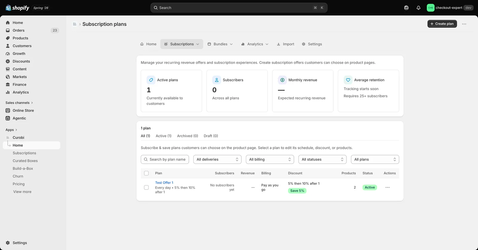 Curobi merchant dashboard — subscribers, MRR, and upcoming charges