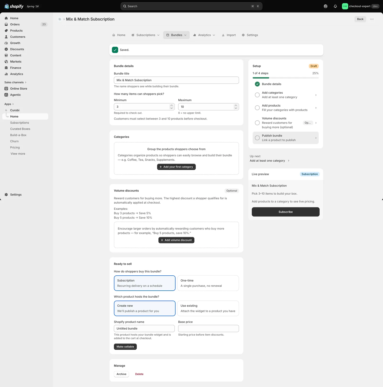 Mix-and-match product bundles in Curobi